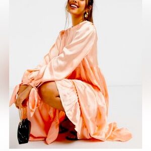 Satin Midi Smock Dress in Coral